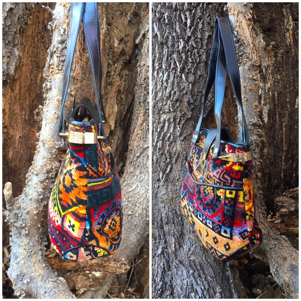 Beautiful Vintage Italian Carpet Bag Vintage Purse Aztec Southwestern Print - Picture 5 of 9